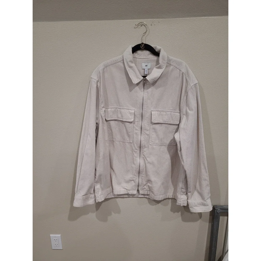 H&M Men SZ XXL Corduroy zip‎ front Shirt Jacket Ivory flap pockets preppy casual